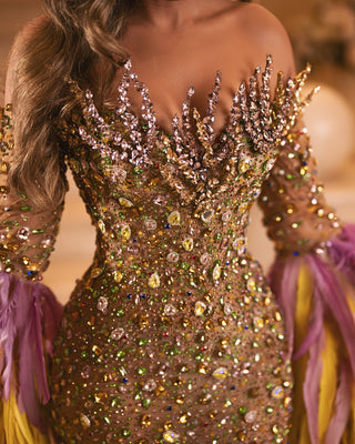 Close-up of shimmering crystals on a glamorous dress