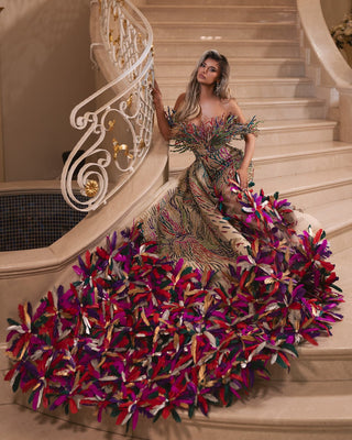 Colorful Dress with Luxurious Lace and Feathers