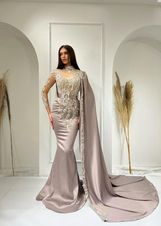 Anatase Gorgeous Dramatic Side Cape and High Neck Dress - Blini Fashion House