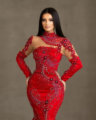 Red Tea-Length Gown - Embellished Red Dress
