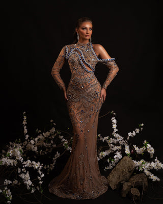 Elegant Model Posing in Snake Dress Adorned with Stones