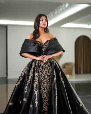 Elia Off-Shoulder Dress with Majestic Overskirt and Glittering Stones - Blini Fashion House