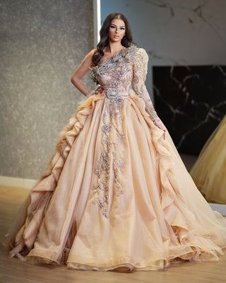 Beige ball gown with one shoulder design