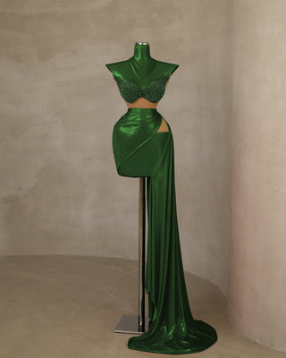 Elegant Pearl-Adorned High-Neck Forest Green Dress