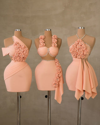 Elegant Stone-Adorned Sleeveless Short Dresses with Floral Details