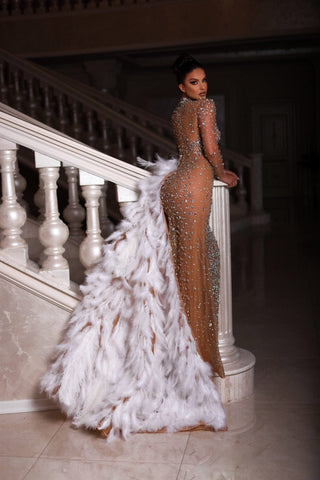 Elegant long-sleeved gown with white feathers