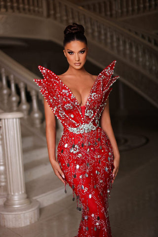 Sleeveless couture red dress with stones