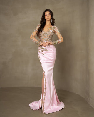 Long dress with crystal-embellished lace top, long sleeves, and a satin skirt with a chic deep slit.