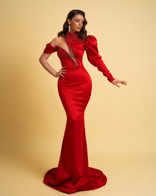 Elegant One-Shoulder Red Satin Dress