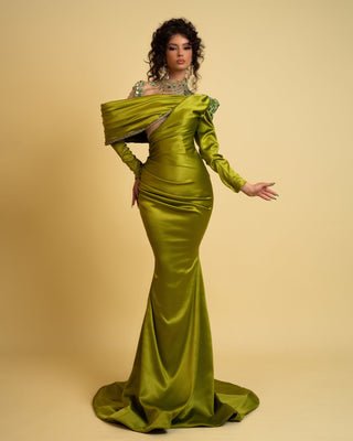 Elegant High Neck Olive Green Satin Dress