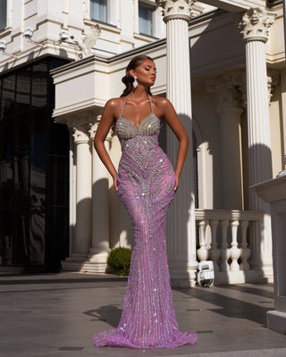 Luxury Lace Gown in Light Purple with Sparkling Stones and Thin Straps