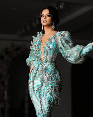 Elegant Aqua Dress - Long Sleeves, Puff Sleeves, and Crystal Embellishments
