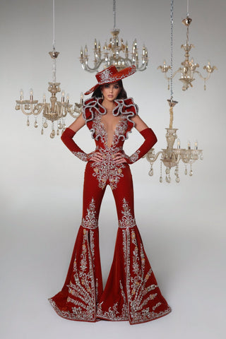 Red Velvet Jumpsuit - Stand out in Style with Intricate Embellishments