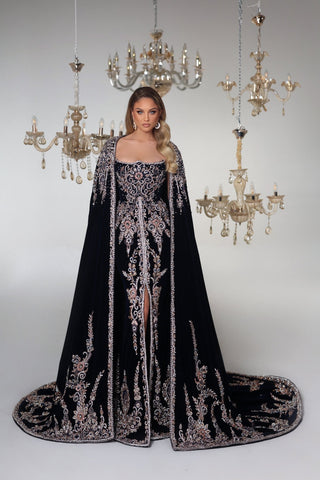 Long Black Velvet Gown - Sleeveless and Strapless Dress with Gemstone Details