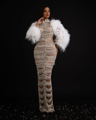 Couture Silver Dress with Feathers and Tassels
