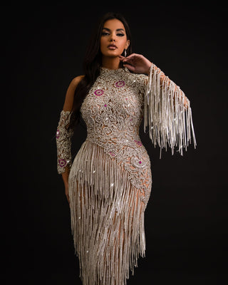 A shimmering silver dress adorned with intricate embellishments and a high neckline.