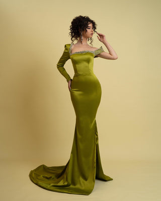 Elegant Olive Green Satin Dress