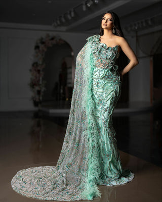 Long One-Shoulder Dress with Aqua Pearls and Stones 