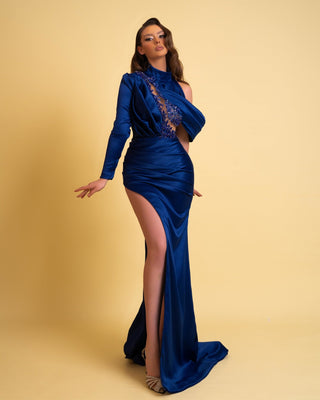 Elegant One-Shoulder Blue Satin Dress