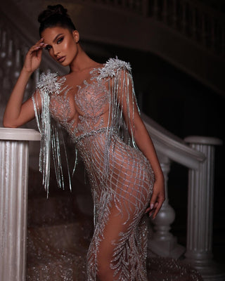 Silver dress with tassels and stones