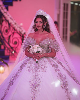 Crystal-embellished off-shoulder bridal gown
