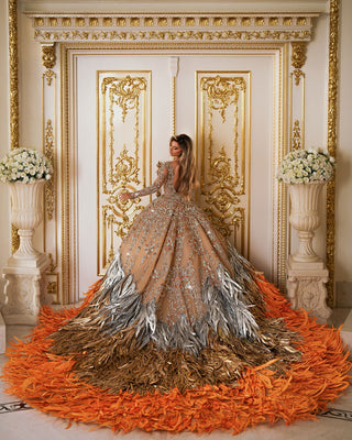 Stunning Orange Gown with Majestic Feather Train