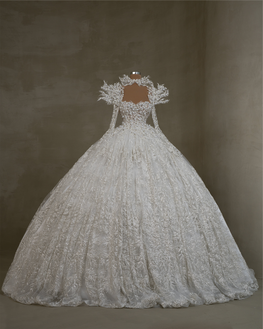 Celestia Pearl Embellished Long Sleeve Bridal Gown with Neck Detail