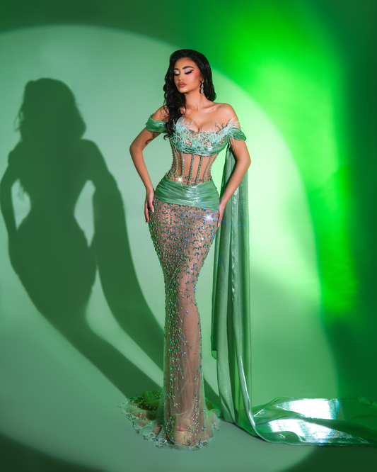 Reyda Green Long Sleeveless Dress with Cape and Feathers