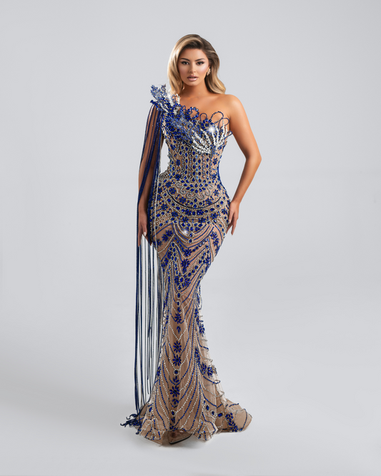 Loranda Blue Long Dress with Crystals