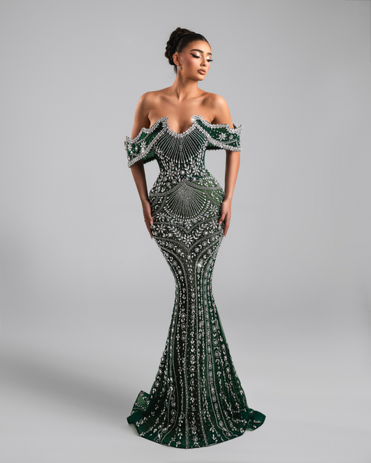 Geneta Green Long Dress Off Shoulders with Crystals