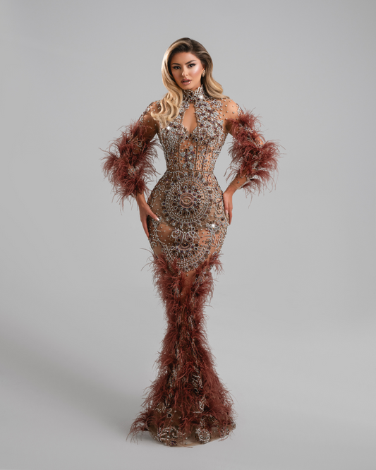 Aurle Long Dress with Feathers