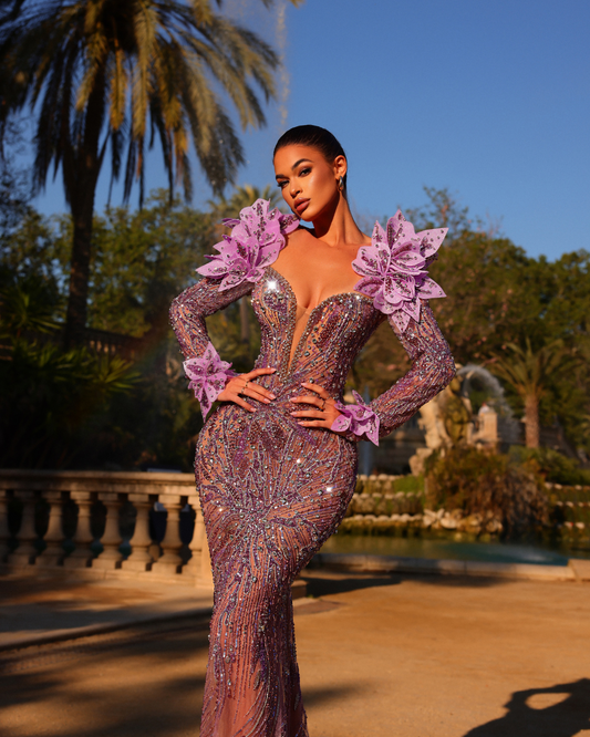 Lisia Lavander Long Dress, with Crystals and Feathers