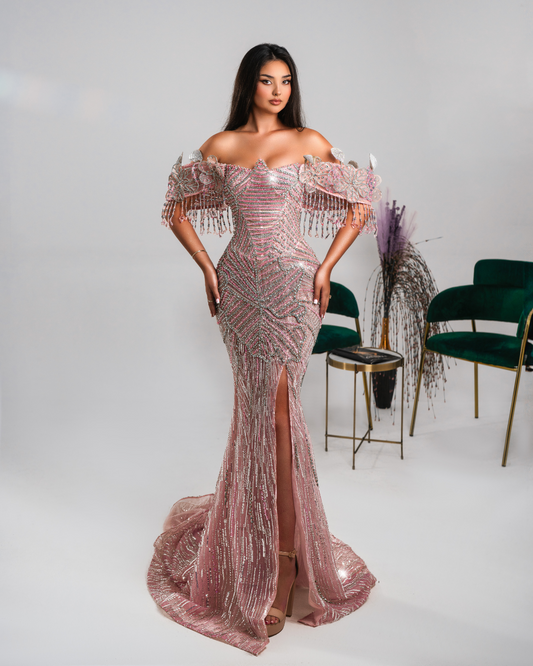 Kaone Pink Long Dress with Crystals and Flowers