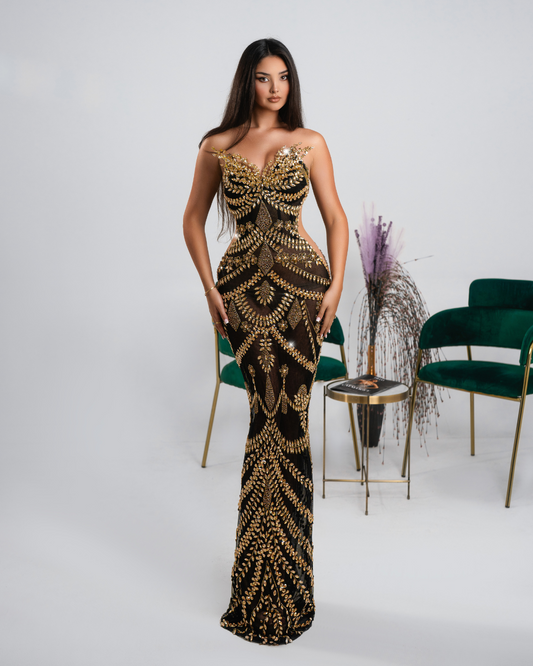 Banele Black Long Dress with Gold Crystals