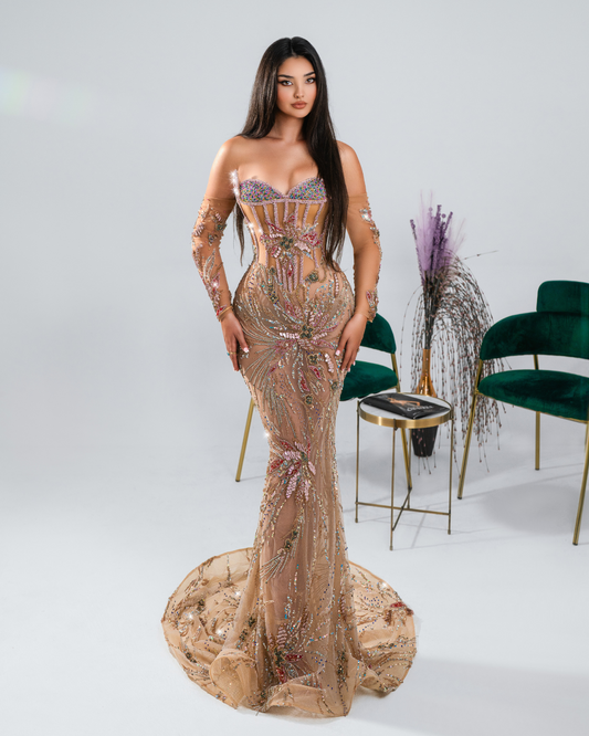 Olena Nude Long Dress with Crystals and Flowers