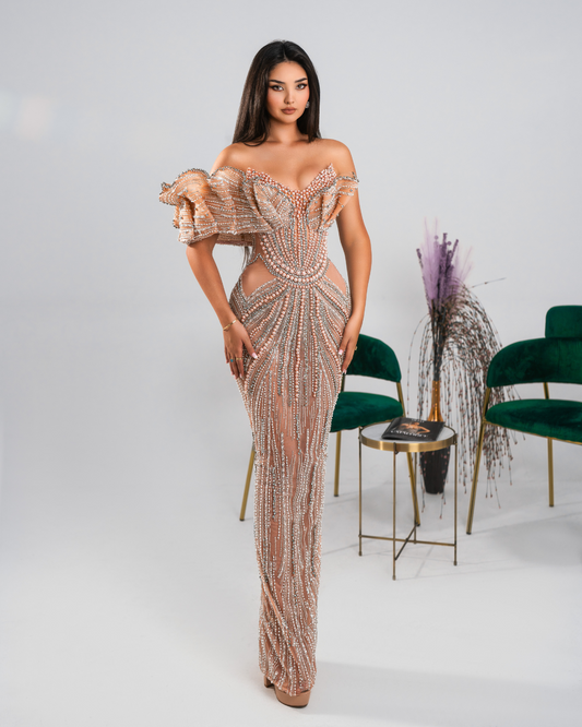 Unesia Nude Long Dress with Crystals and Pearls