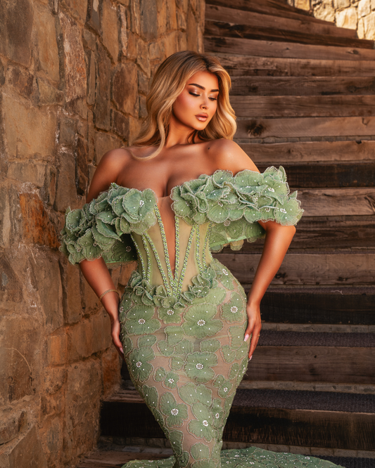 Ajone Long Dress Off Shoulder with Flowers