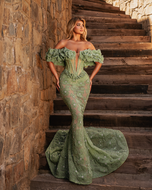 Ajone Long Dress Off Shoulder with Flowers