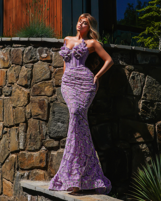 Anesia Purple Long Dress with Flowers