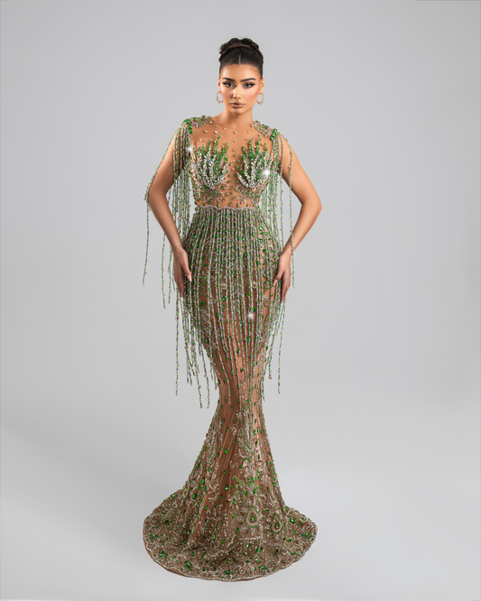 Erina Green Long Dress with Crystals