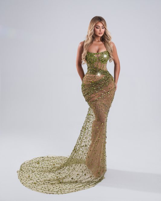 Junae Green Long Dress with Crystals