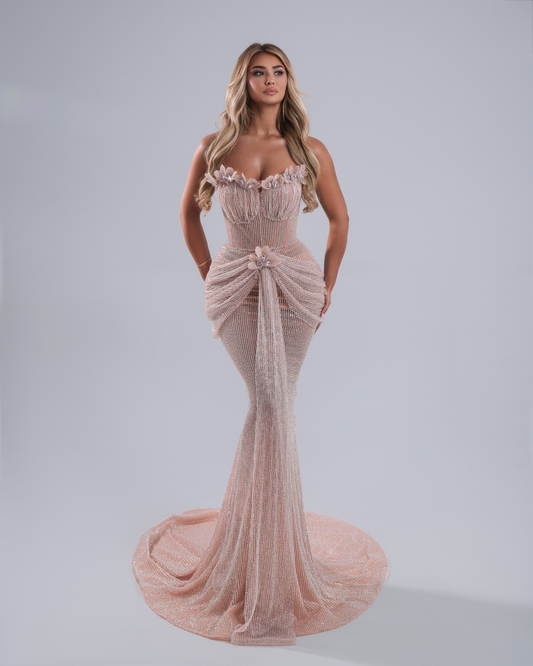 Belenia Pink Long Dress with Crystals and Flowers