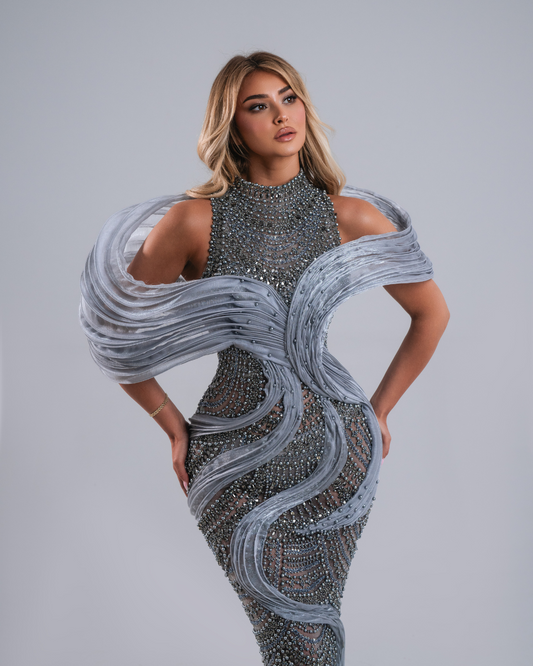 Veresa Gray Long Dress with 3D Details