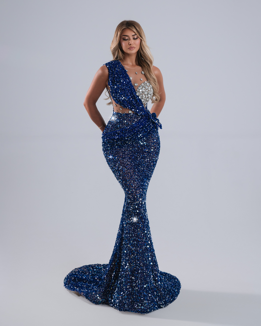 Vaneea Blue Long Dress with Crystals