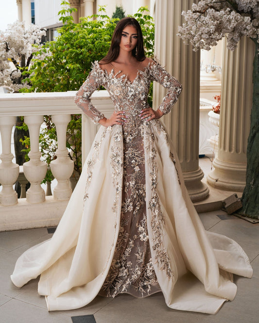 Acanria Beige Dress with Overskirt and Flowers