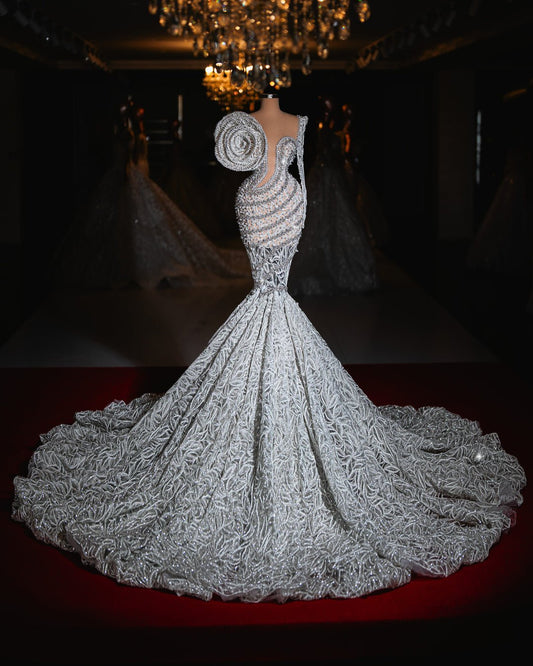 Handmade Ada Bridal Gown with intricate floral details, crafted from high-quality luxury fabric for a timeless bridal style.