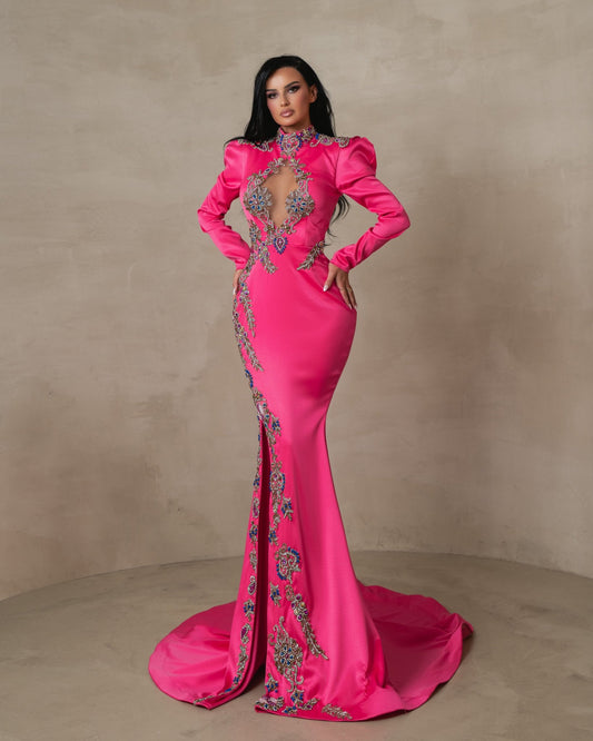 Aerithia Hot Pink Long Sleeve Satin Dress with Leg Slit