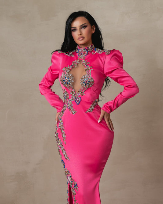 Aerithia Hot Pink Long Sleeve Satin Dress with Leg Slit