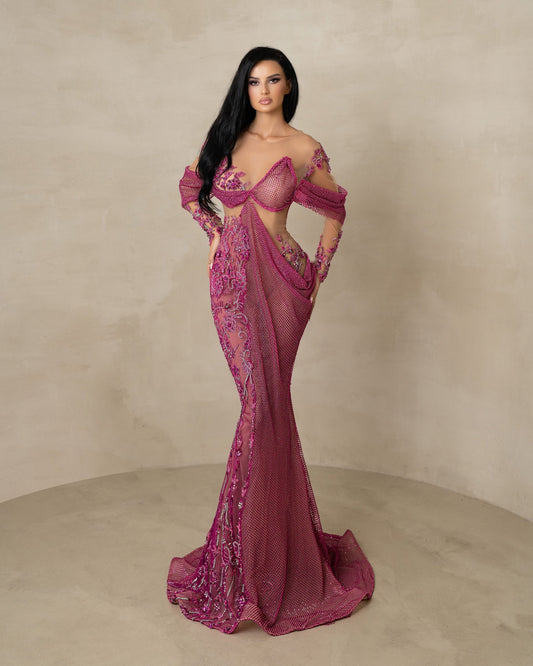 Aine Pink Long Dress With Flowers And Crystals