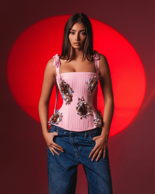 Albese Pink Sleeveless Corset with Crystals